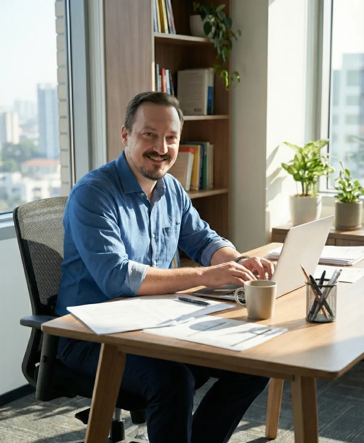 Alex Lamy smiling at a desk with a laptop