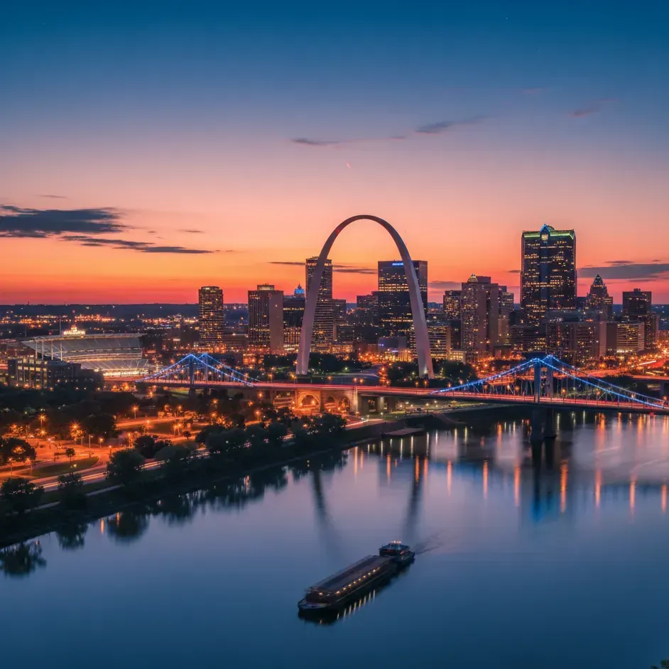 The St. Louis skyline and Gateway Arch at sunset